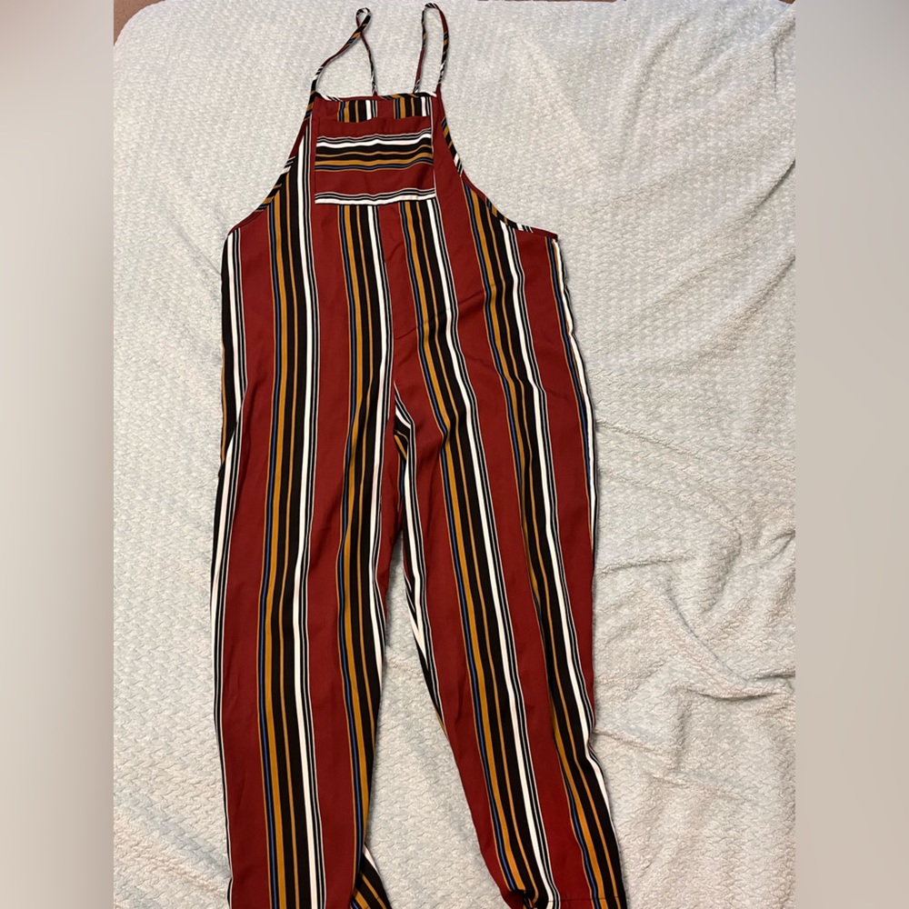 Burgundy Striped Overall Flowy Jumpsuit - Picture 3 of 4